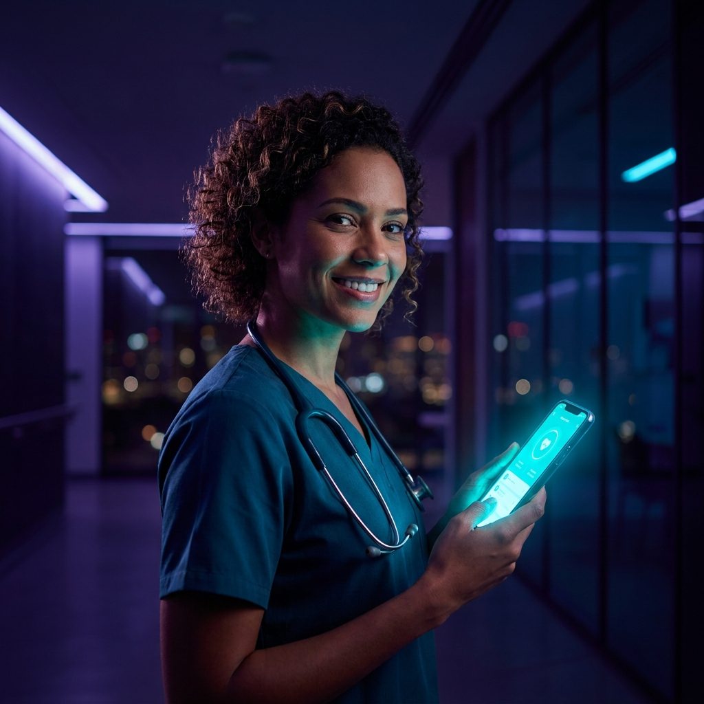 Médica usando o Team360 no smartphone