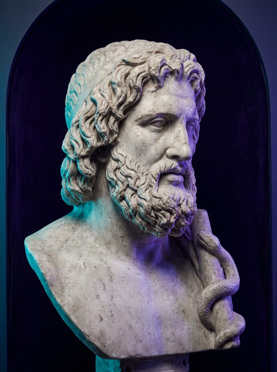 Estátua de mármore de Asclépio, deus grego da medicina, com o bastão e a serpente